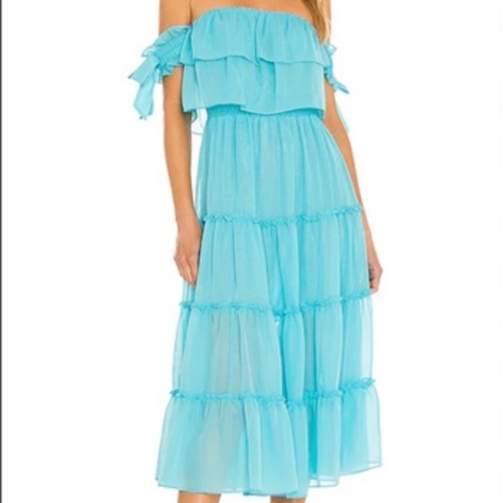 Misa Los Angeles Aqua Blue Off-Shoulder Tiered Dress